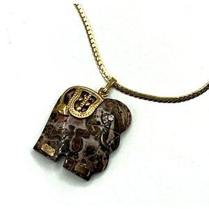 Elephant Polished Stone Pendant Necklace With Gold-Tone Chain